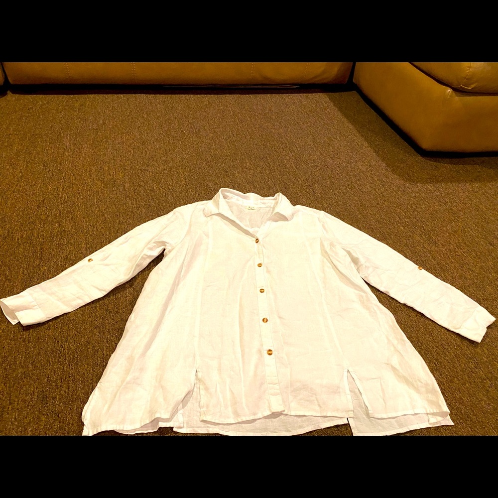 SYMPLE NYC Women's Button-Up White 100% Linen Shirt Top Blouse Size xL EUC